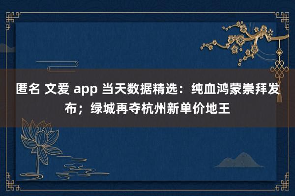 匿名 文爱 app 当天数据精选：纯血鸿蒙崇拜发布；绿城再夺杭州新单价地王